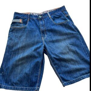 Pepe UK Blue Jean Shorts/Jorts Baggy Skater Embroidered Skulls Mens 38 Vintage